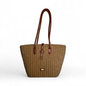 Sun N Sand Woven Straw Tote Bag Brown Leather Handles Lined Interior